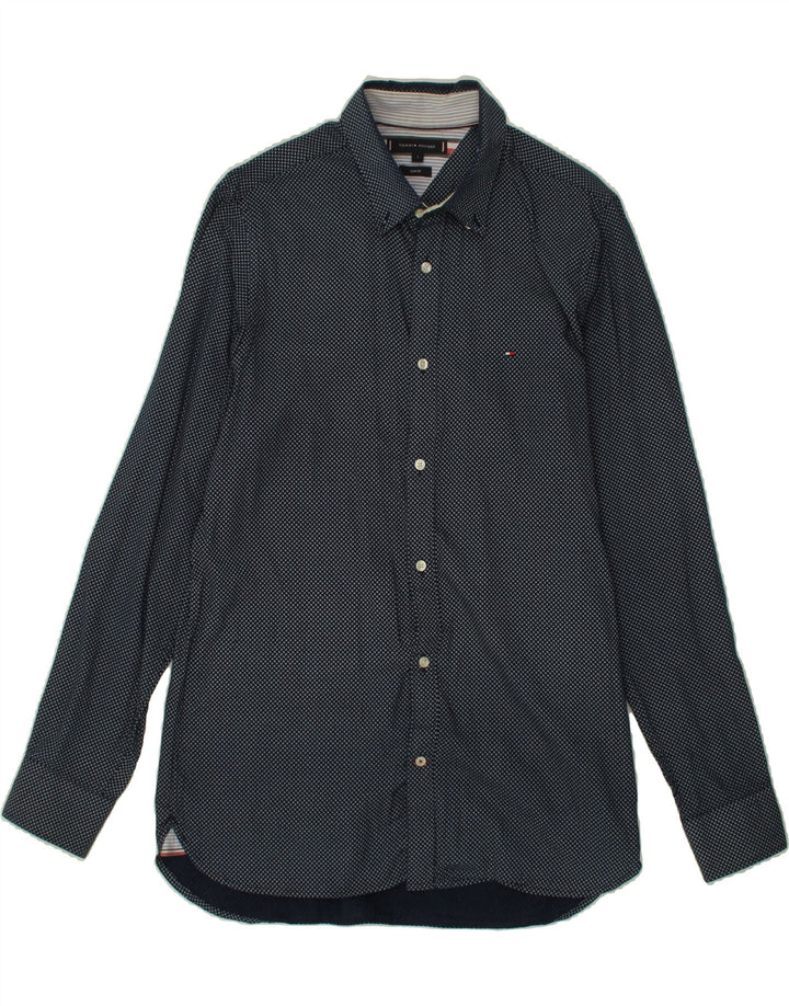 TOMMY HILFIGER Mens Slim Shirt Large Navy Blue Spotted Vintage Tommy Hilfiger and Second-Hand Tommy Hilfiger from Messina Hembry 