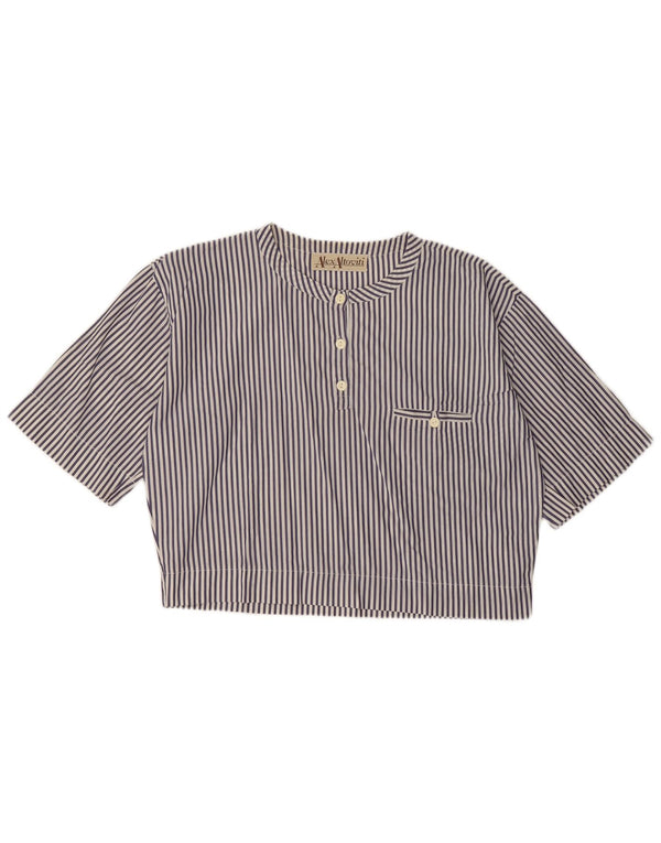 VINTAGE Womens Crop Blouse Top UK 14 Large Navy Blue Pinstripe