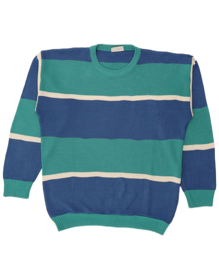 Vintage męski sweter z okrągłym dekoltem, duże niebieskie paski