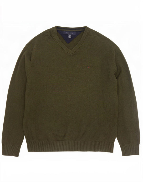 Męski sweter Tommy Hilfiger z dekoltem w kształcie litery V, XL, bawełniany khaki
