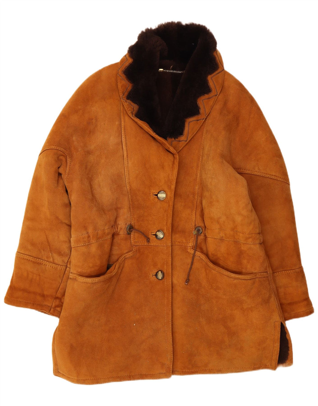 Vintage damski oversize'owy płaszcz z owczej skóry IT 44 średni brąz