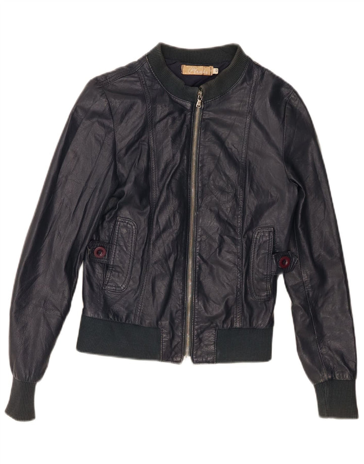 PLEASE Womens Bomber Leather Jacket IT 42 Medium Navy Blue Leather