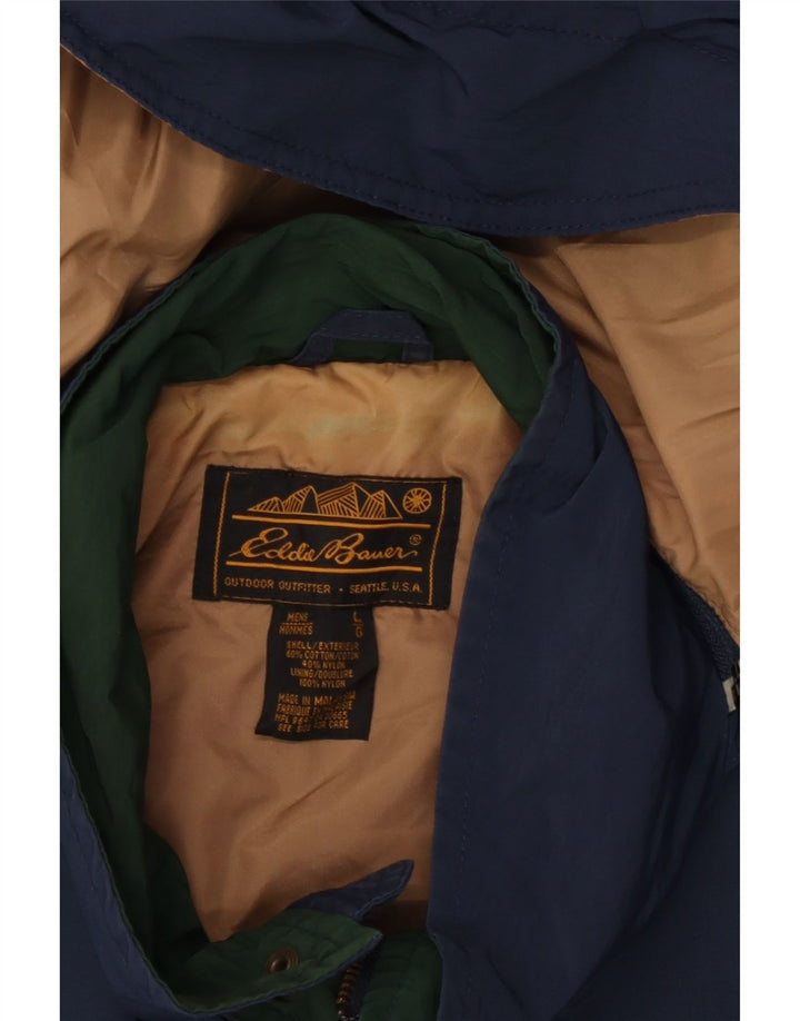 Męski płaszcz wiatrówka z kapturem Eddie Bauer UK 40, duży, granatowy, bawełniany