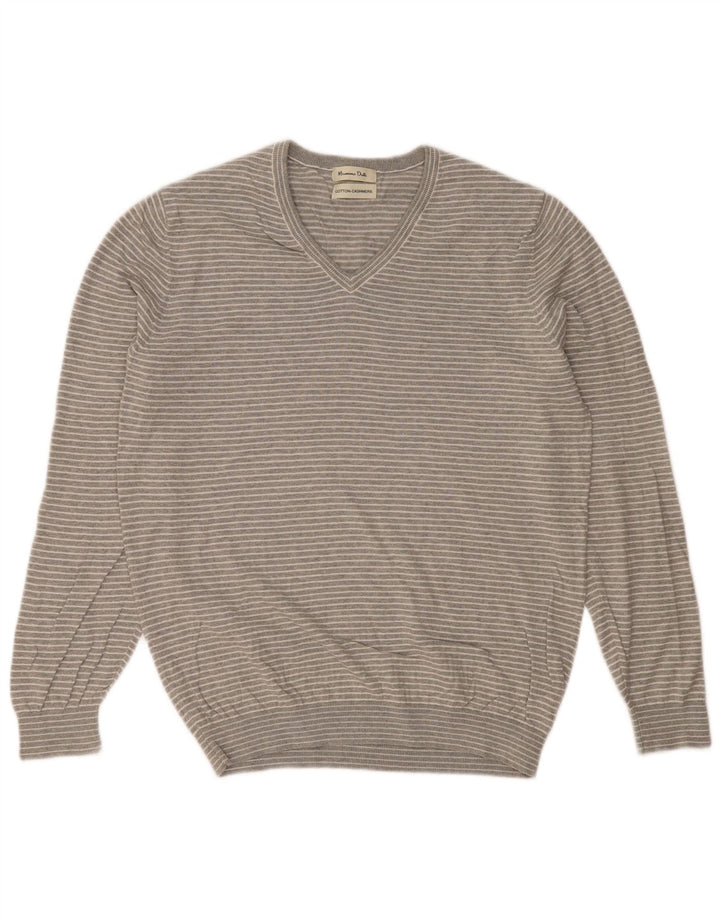 MASSIMO DUTTI Męski sweter z dekoltem w kształcie litery V, duży, bawełniany w szare paski