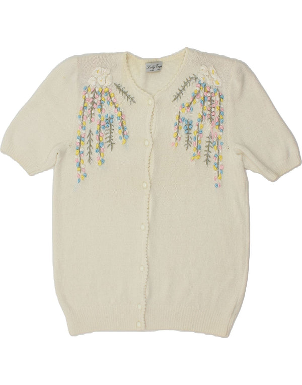 Damski sweter rozpinany z krótkim rękawem w stylu VINTAGE UK 16, duży, biały, kwiatowy, wełniany
