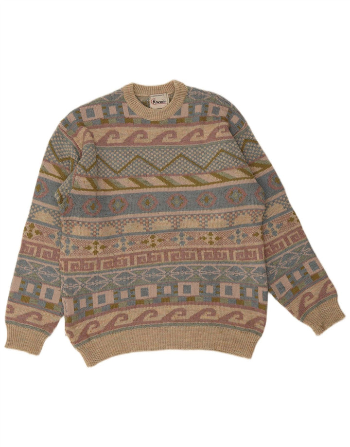 Vintage męski sweter z wycięciem pod szyją, duży, wielobarwny, geometryczny retro