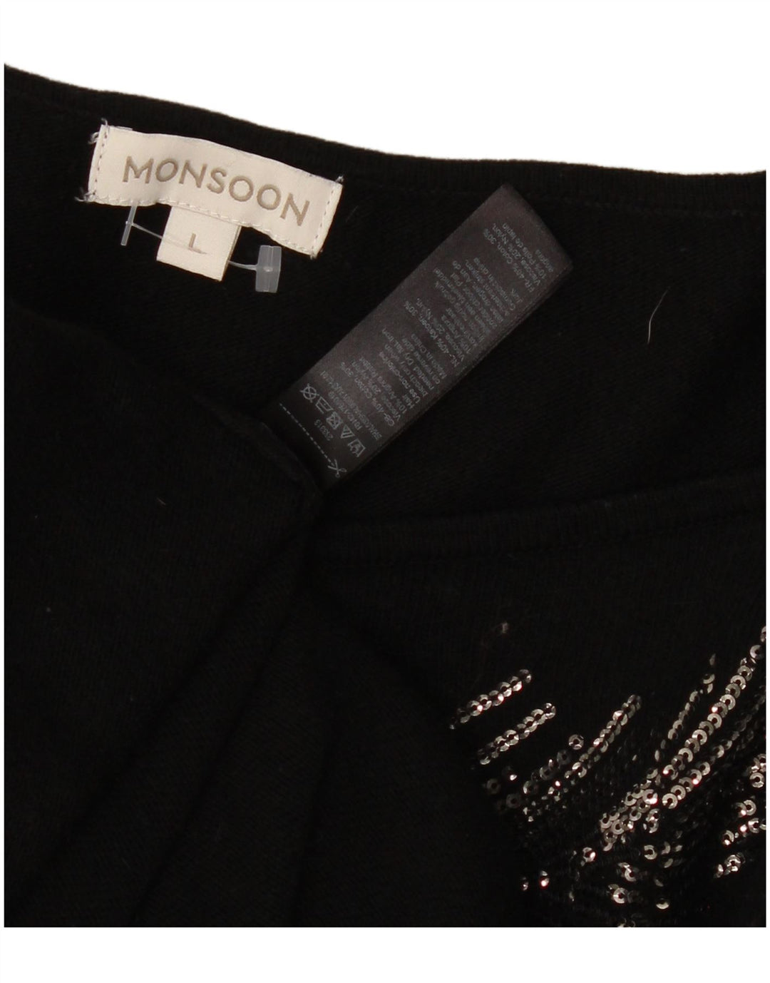 Damska graficzna sukienka sweterkowa MONSOON UK 16, duża, czarna, bawełniana