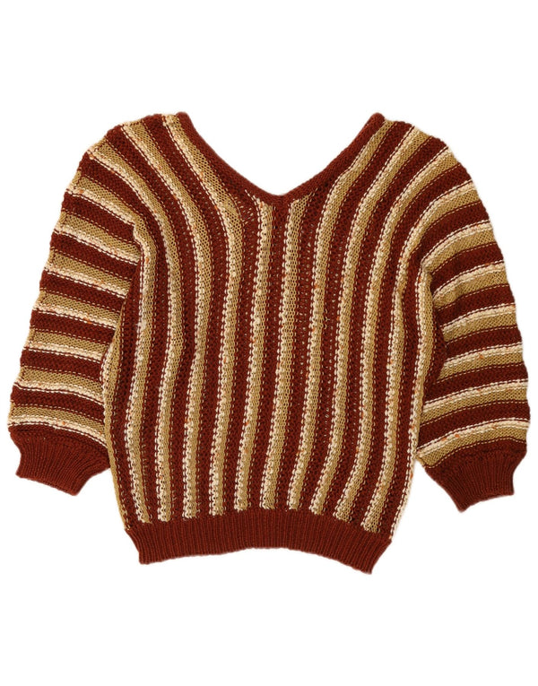 Vintage damski sweter z rękawem 3/4 i dekoltem w kształcie litery V, UK 14, średnie brązowe paski