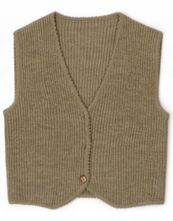 Vintage damski sweter kardigan bez rękawów UK 14 Medium Khaki