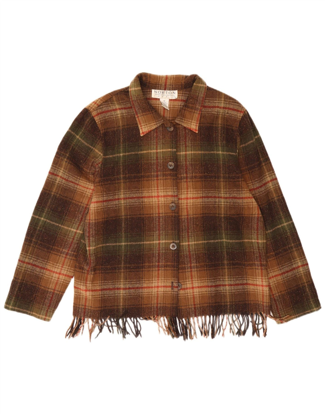 Damska koszula wierzchnia w stylu vintage, flanelowa UK 12, średnia brązowa wełna w kratkę