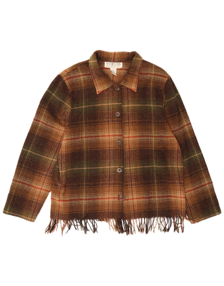 Damska koszula wierzchnia w stylu vintage, flanelowa UK 12, średnia brązowa wełna w kratkę