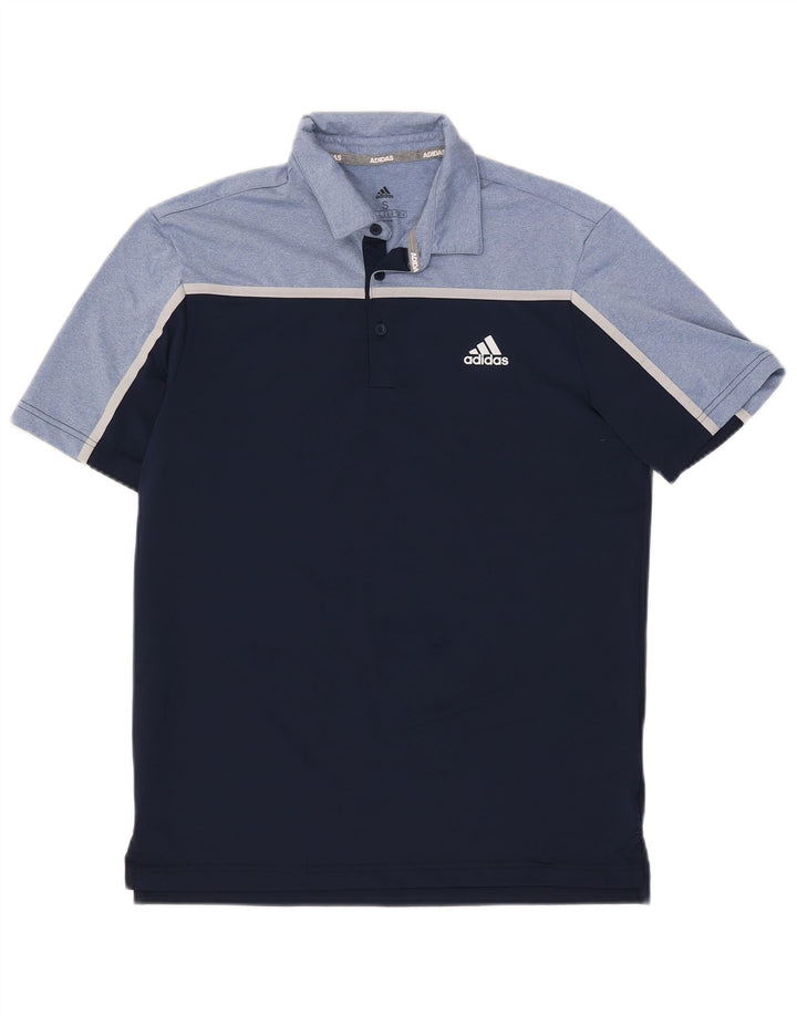 Męska koszulka polo Adidas, mała, granatowa, z blokami kolorów, poliestrowa