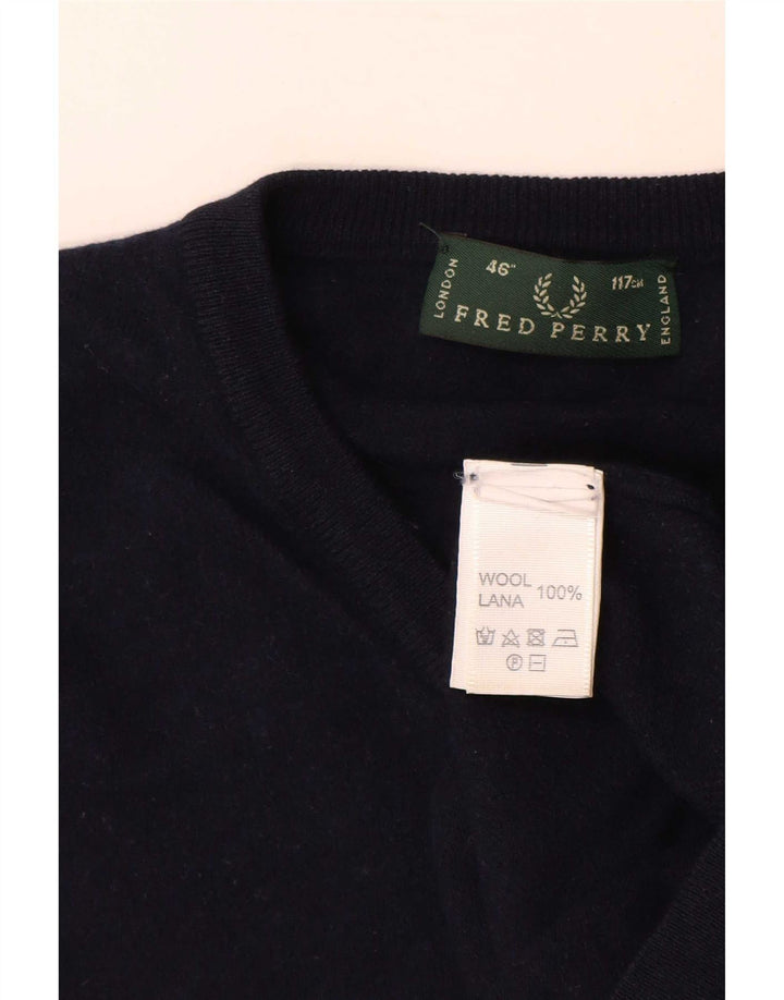 Męski sweter Fred Perry z dekoltem w kształcie litery V, duży, granatowy, wełniany