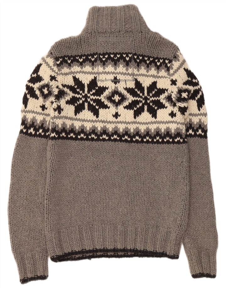 SUPERDRY Męski sweter zapinany na guziki, duży, szary, z wełny Fair Isle