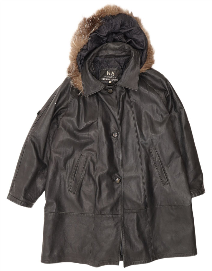 Damski płaszcz skórzany Kiros z kapturem, oversize IT 48 XL, czarny