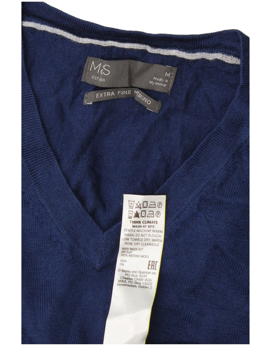 Marks & Spencer Męski sweter z dekoltem w kształcie litery V, średni granatowy wełniany