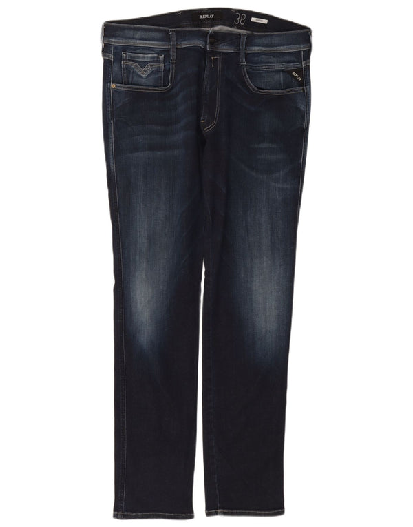 Replay Mens Anbass Slim Jeans W38 L32 Navy Blue Cotton