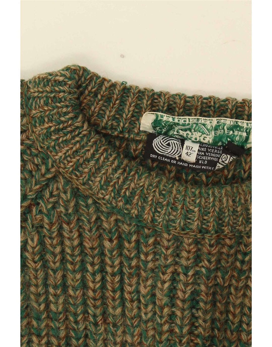 Sweter damski w stylu vintage z okrągłym dekoltem IT 42 Średni zielony wełniany nakrapiany