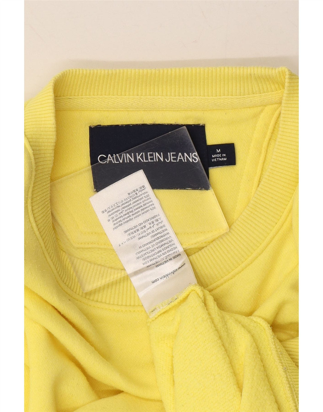 CALVIN KLEIN JEANS Womens Graphic Sweatshirt Jumper UK 14 Medium Yellow Vintage Calvin Klein Jeans and Second-Hand Calvin Klein Jeans from Messina Hembry 