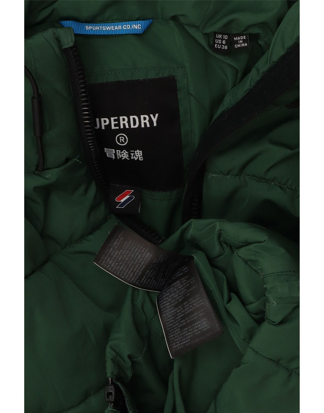 Damska kurtka Superdry z kapturem, oversize, wyściełana UK 10, mała, zielona, poliester