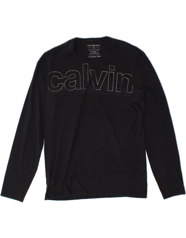 CALVIN KLEIN Womens Graphic Top Long Sleeve UK 18 XL Navy Blue Cotton