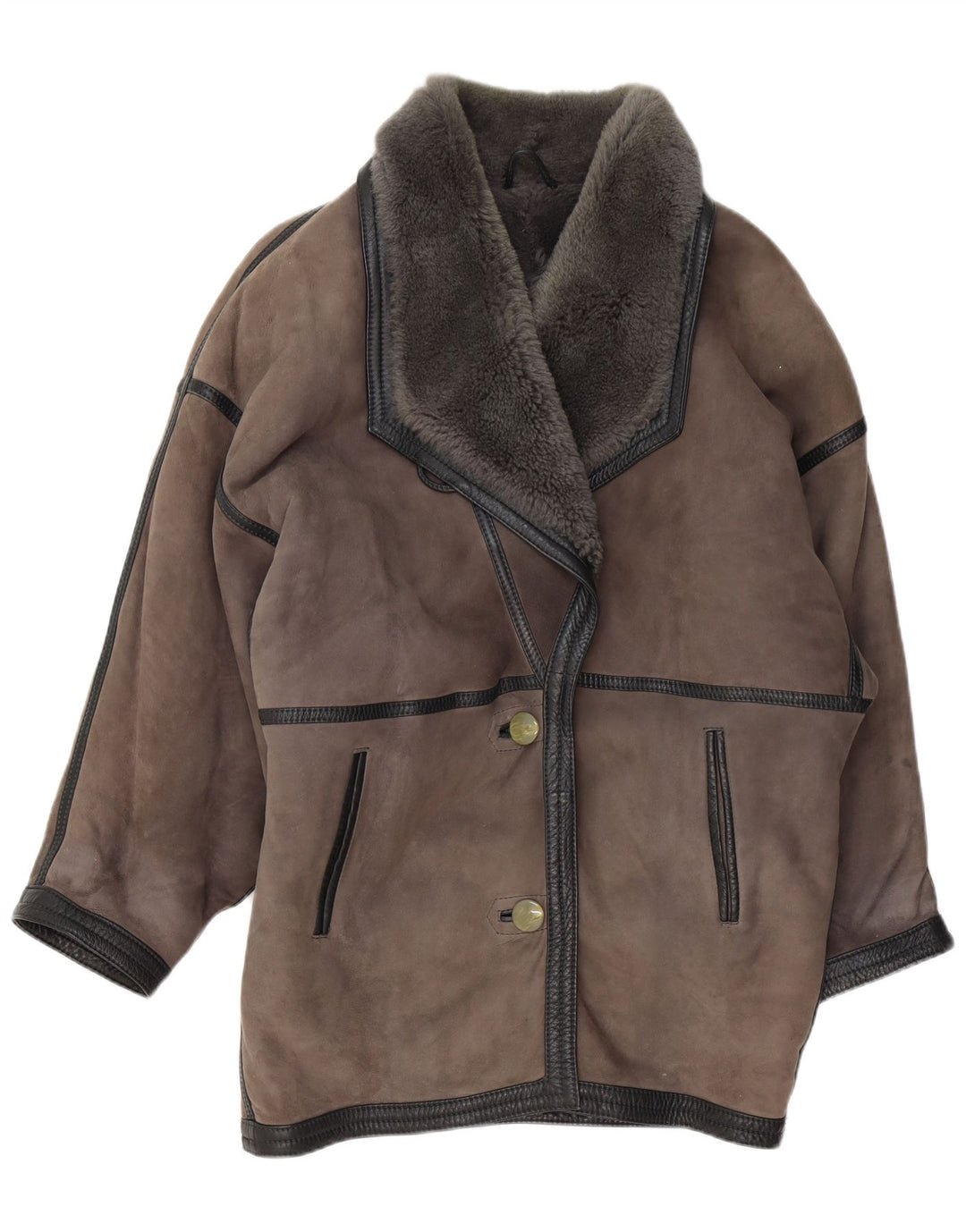 Vintage damski płaszcz oversize z owczej skóry UK 20 2XL szara skóra