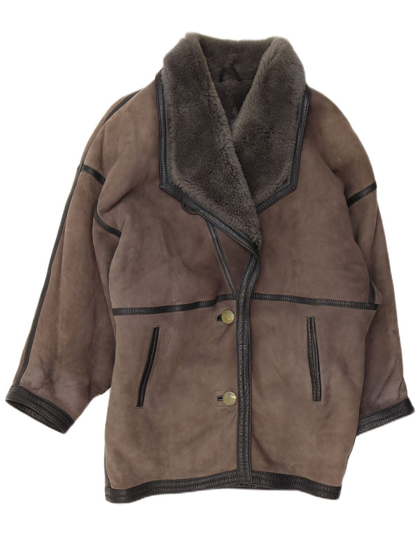 Vintage damski płaszcz oversize z owczej skóry UK 20 2XL szara skóra