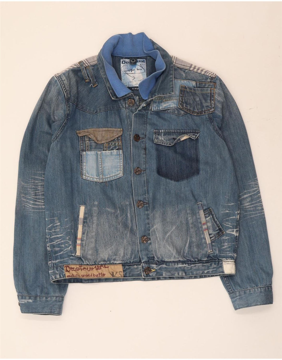 Męska kurtka jeansowa Desigual Graphic UK 42 XL, niebieska, patchworkowa, bawełniana