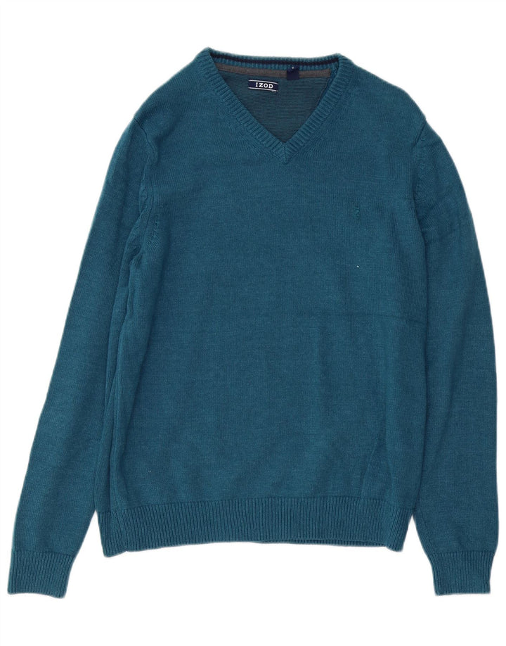 IZOD Męski sweter z dekoltem w kształcie litery V, średnioniebieski, bawełniany