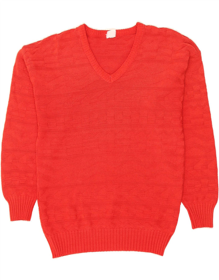 VINTAGE Womens V-Neck Jumper Sweater UK 14 Medium Red Cotton Vintage Vintage and Second-Hand Vintage from Messina Hembry 