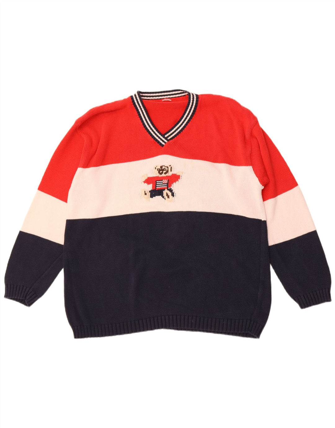 Męski sweter w stylu vintage z graficznym dekoltem w szpic, duży, wielobarwny blok kolorów