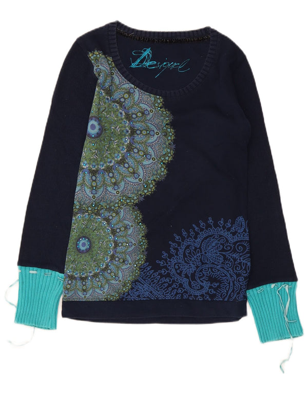 Desigual damski top graficzny z długim rękawem UK 10, mały, granatowy, bawełniany w kwiaty
