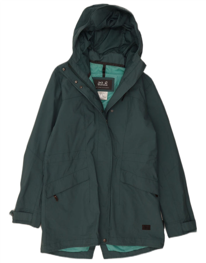 Damski płaszcz przeciwdeszczowy z kapturem JACK WOLFSKIN UK 8/10, mały, zielony poliamid
