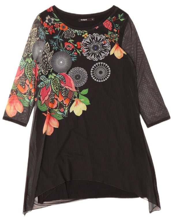 Damska graficzna tunika Desigual UK 6 XS w czarne kwiaty
