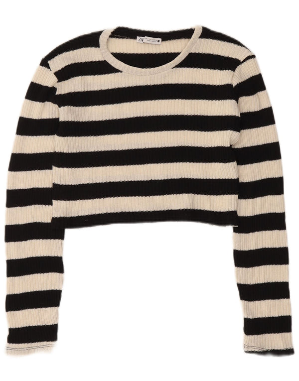 Zara Womens Crop Boat Neck Jumper Sweater UK 10 Small Black Striped