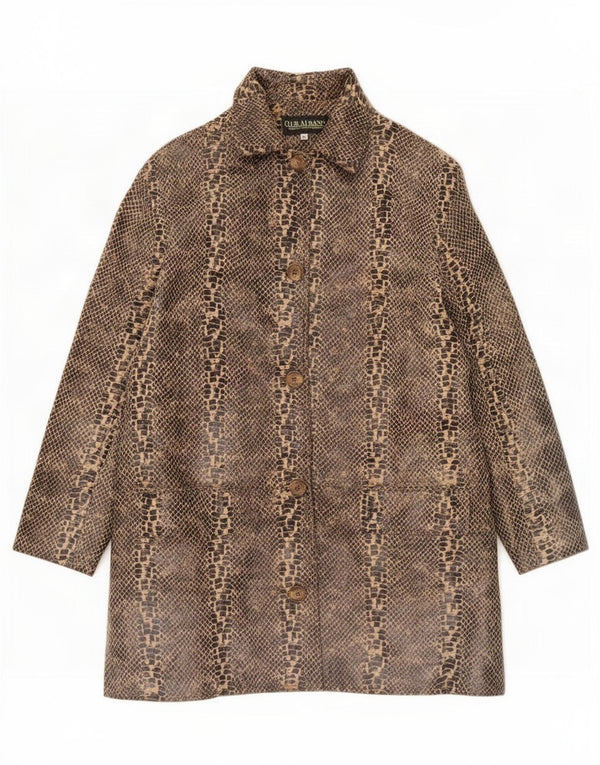 Vintage Womens Oversized Leather Coat UK 14 Medium Brown Animal Print