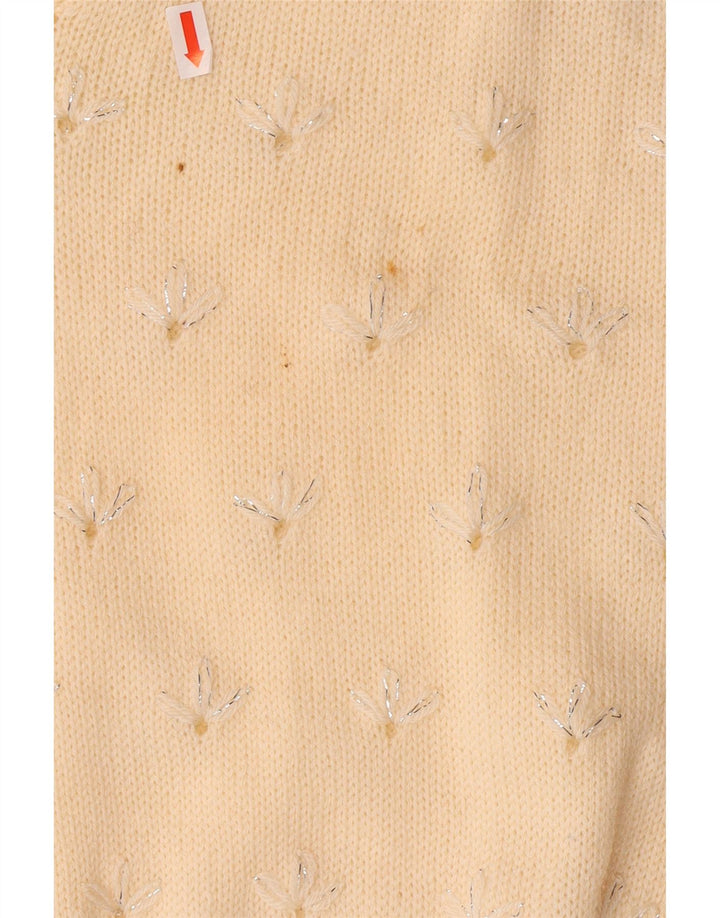 Sweter damski VINTAGE z dekoltem w kształcie litery V, UK 14, średni, w kolorze złamanej bieli, w kwiaty