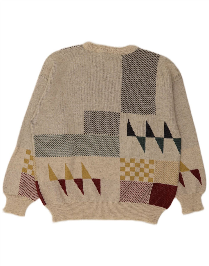 Męski sweter z okrągłym dekoltem w stylu vintage IT 48 Średni złamanej bieli, geometryczna wełna