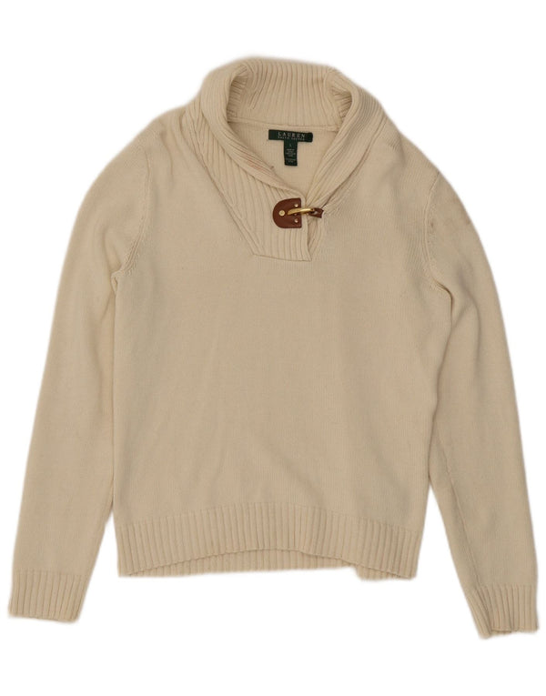 Ralph Lauren Womens Shawl Neck Jumper Sweater UK 14 Large Beige Cotton