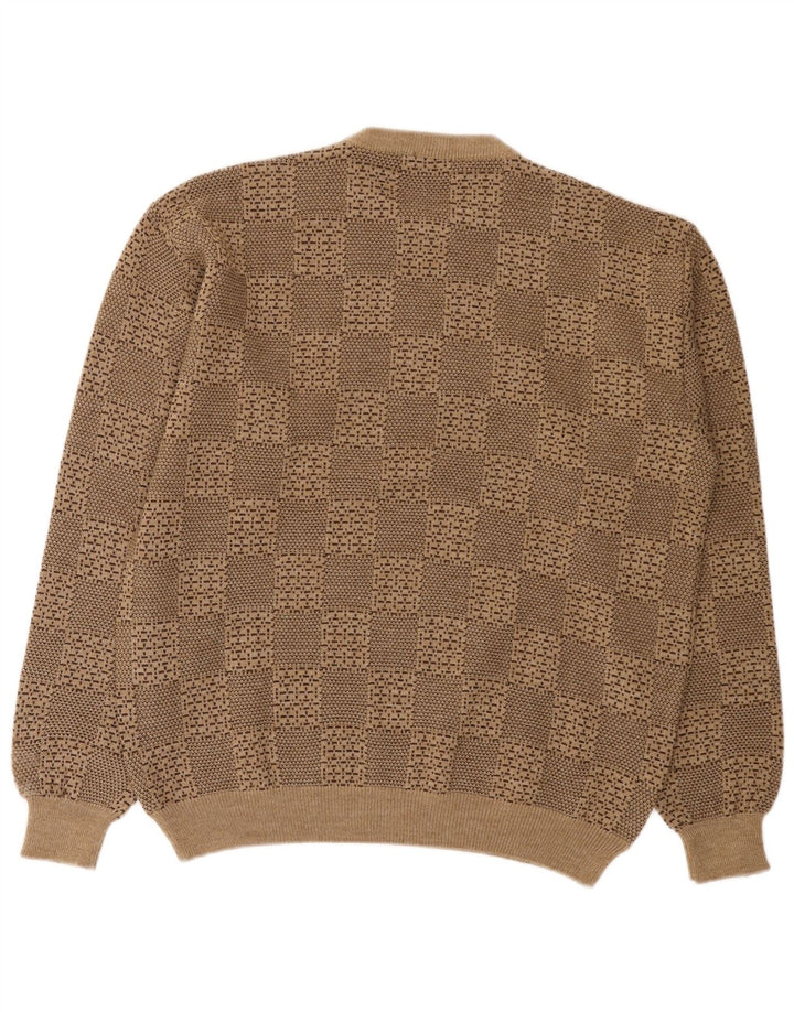 Vintage męski sweter z wycięciem pod szyją, duży, beżowy, geometryczny wełniany