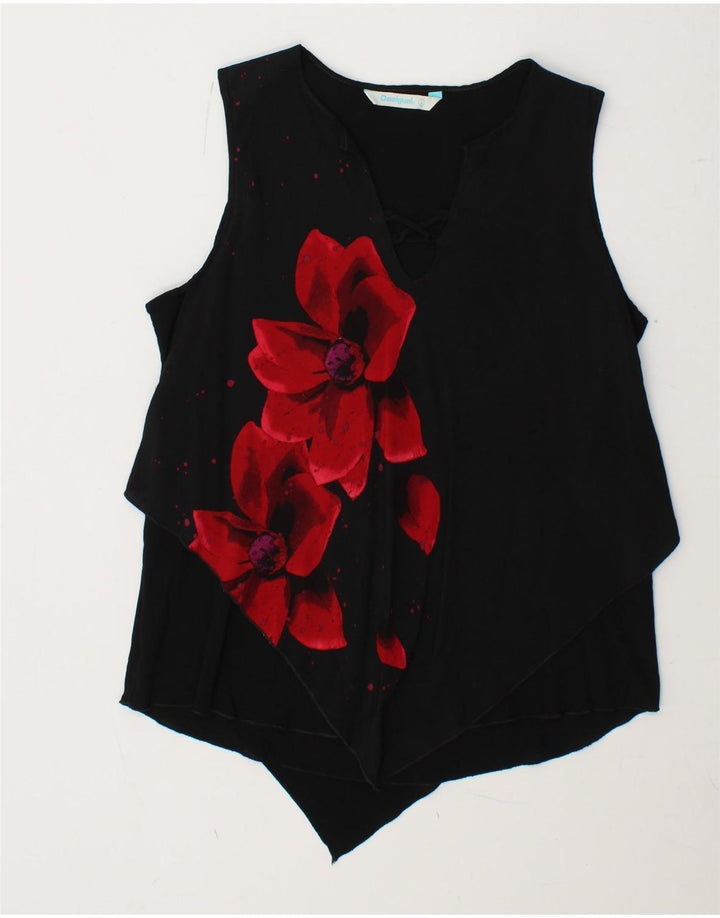 DESIGUAL Damska bluzka bez rękawów Top UK 14, duża, czarna w kwiaty