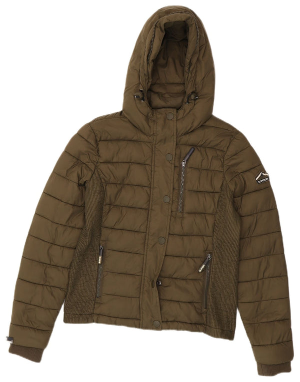 Damska ocieplana kurtka SUPERDRY z kapturem UK 16, duża, nylon w kolorze khaki