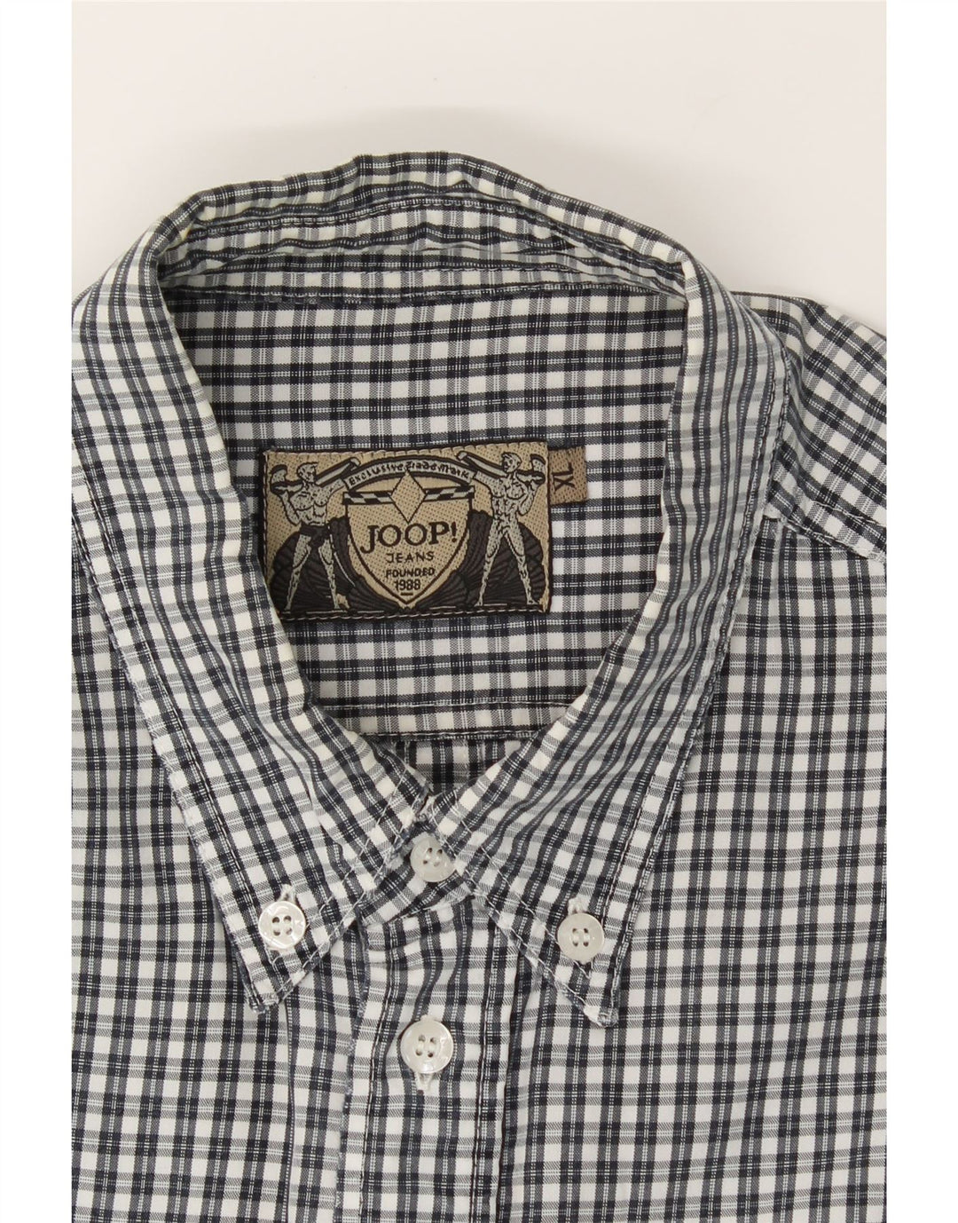 JOOP Mens Short Sleeve Shirt XL Navy Blue Check Lyocell Vintage Joop and Second-Hand Joop from Messina Hembry 