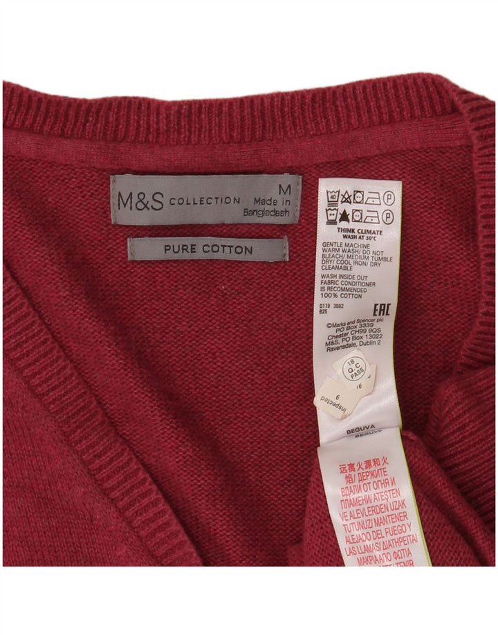 Marks & Spencer Męski sweter z dekoltem w kształcie litery V, średniej wielkości bordowy bawełniany