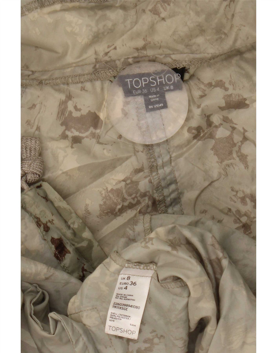 Damska kurtka parka z kapturem Topshop UK 8, mała, zielona, kamuflaż, poliester