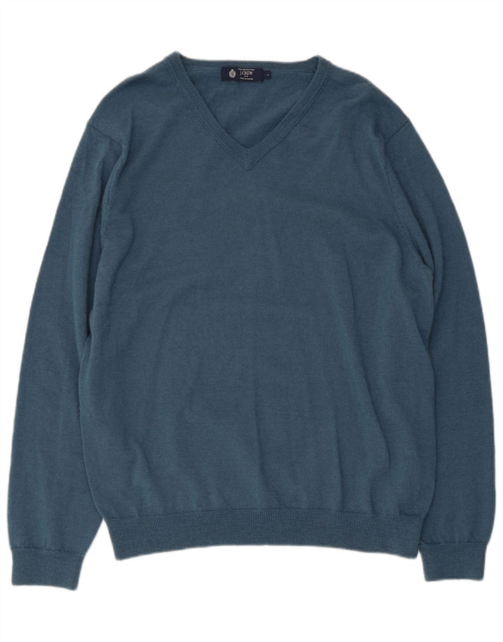 J. Crew Męski sweter z dekoltem w kształcie litery V, duży, niebieski, wełna merynosów