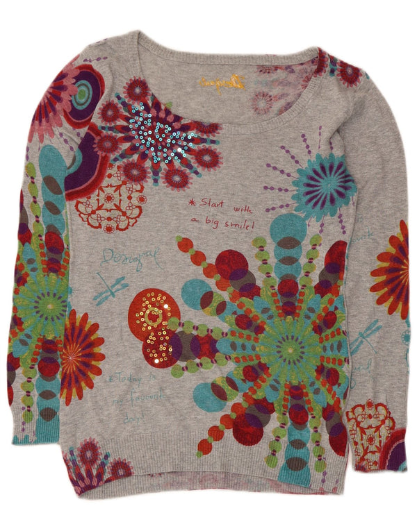 Damski sweter Desigual z graficznym dekoltem w łódkę UK 10, mały, szary w kwiaty