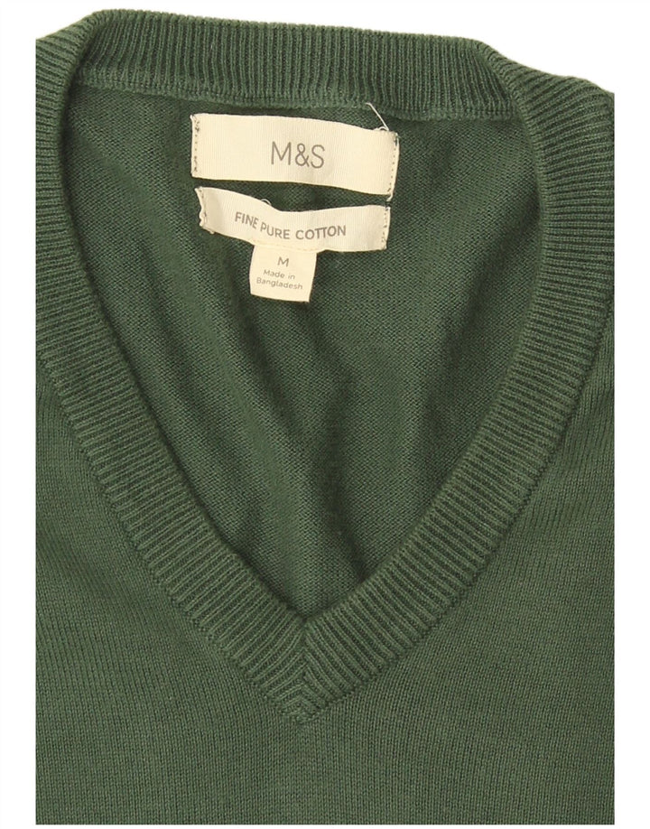 Marks & Spencer Męski sweter z dekoltem w kształcie litery V, średnio zielony, bawełniany