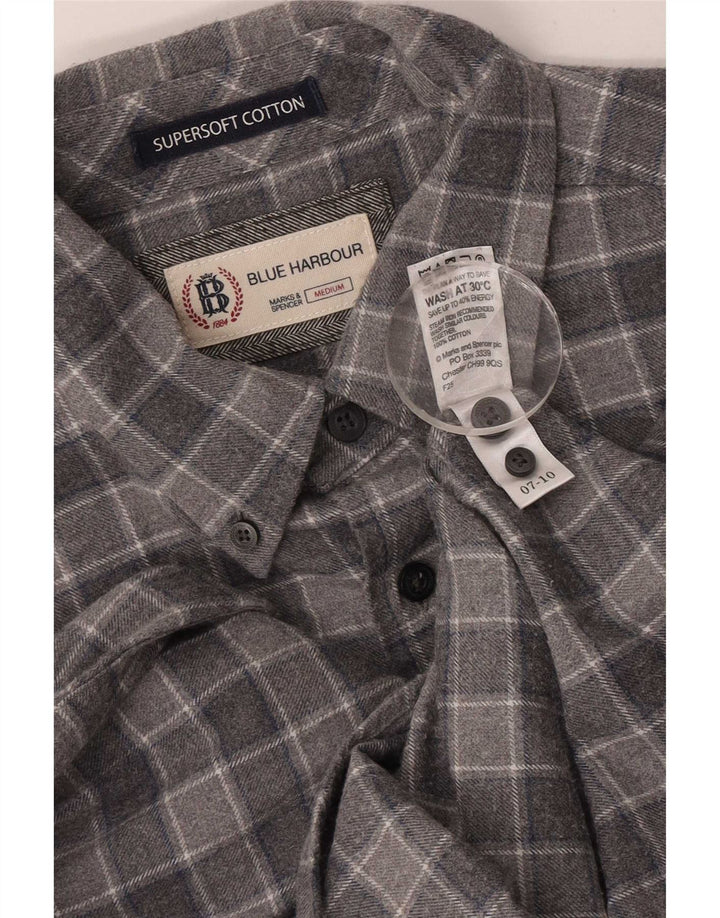 Marks & Spencer Męska niebieska koszula flanelowa Harbor, średnio szara, bawełniana w kratkę