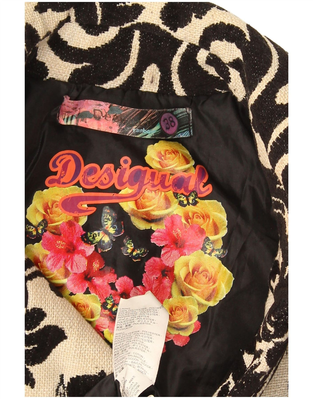 Desigual damski płaszcz z tęczową grafiką EU 38 w kolorze średniego beżu w kwiaty
